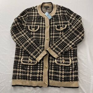 Ann Taylor Plaid Cardigan Sweater Black Tan Gold Button Longline XLP NWT